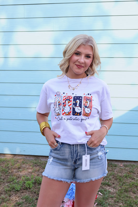 Modern Grace patriotic goose short sleeve T-shirt featuring a colorful goose design on a casual cotton shirt.