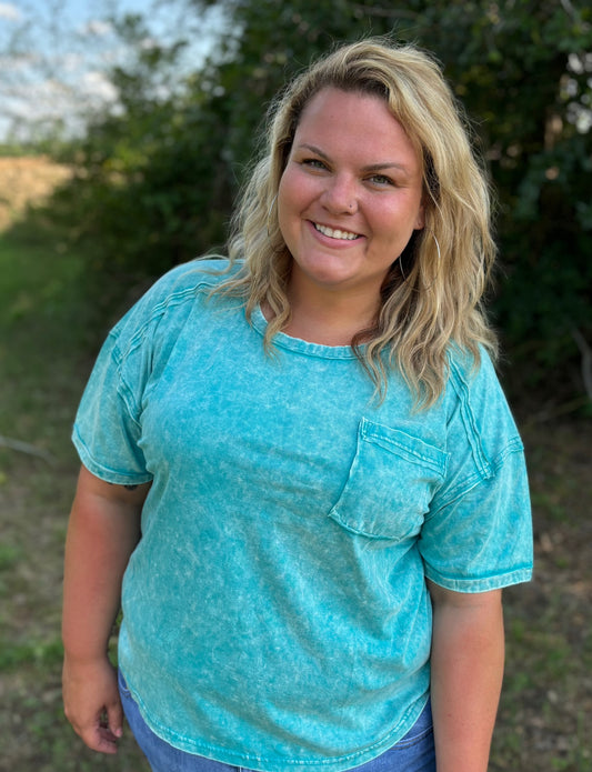 Curvy LT Teal Acid Washed Round Neck T-Shirts