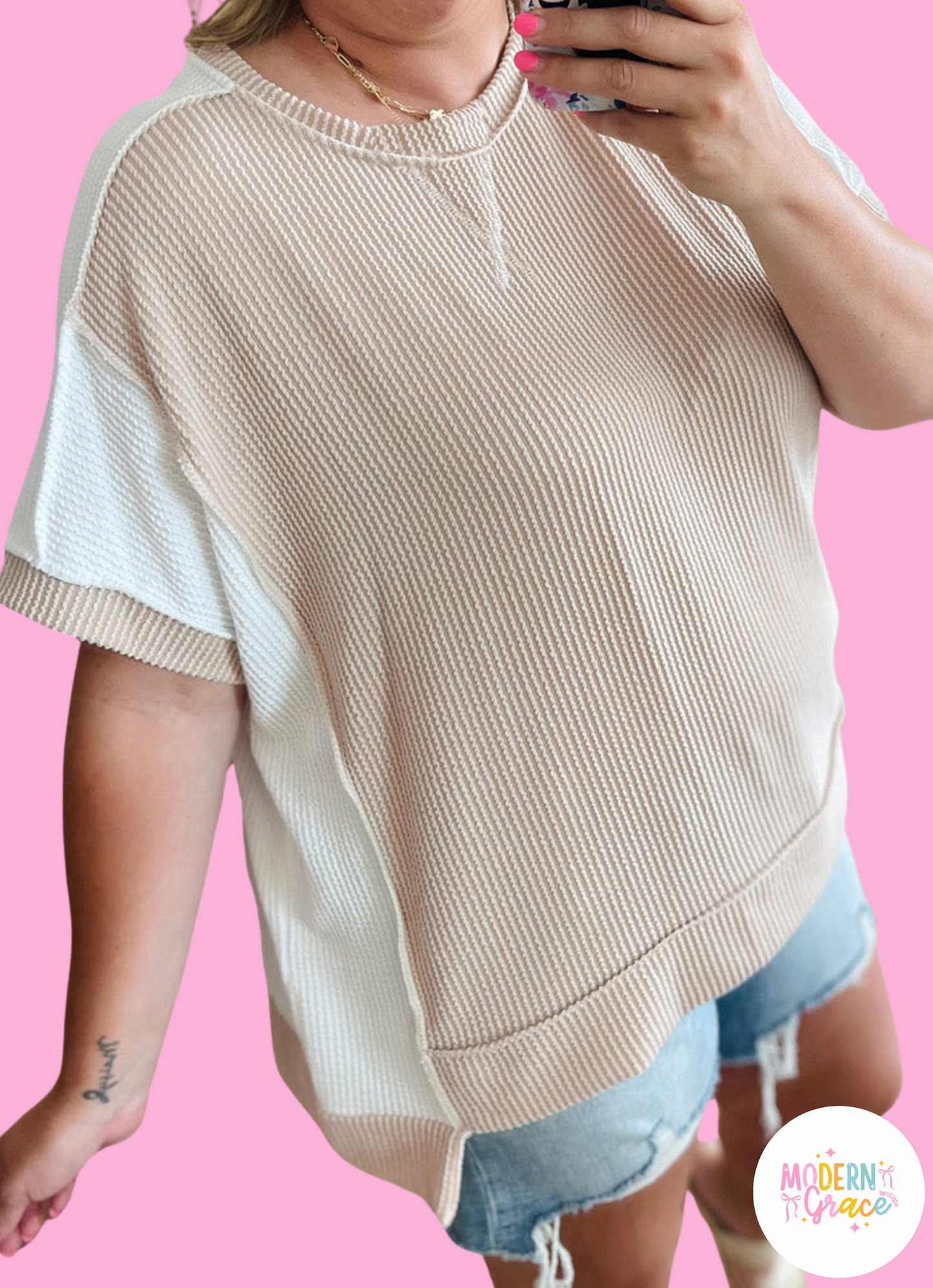 Parchment Twist Rib Colorblock Hi Low Plus Size Short Sleeve Top
