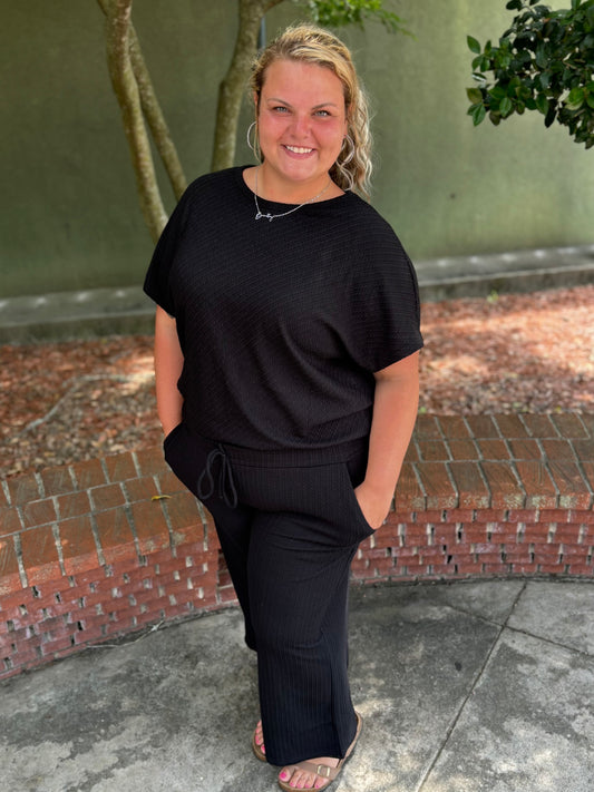 Curvy Black Textured Pants Set