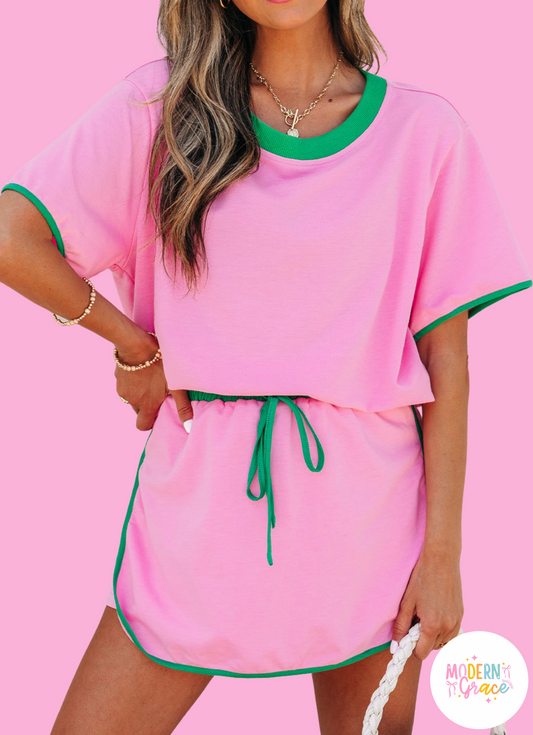Pink Colorblock T Shirt and Skort 2pc Set