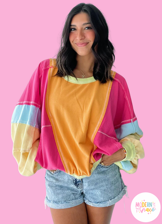 Plus Size Colorblock Patchwork Exposed Seam Sweatshirt