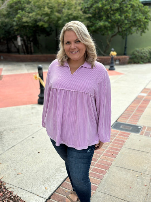 LAVENDER V NECK BUBBLE SLEEVE BLOUSE