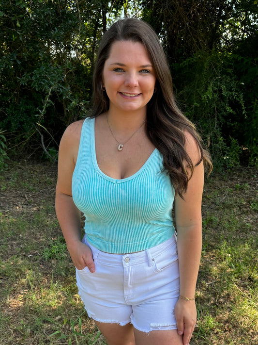 Mint Sky Washed Ribbed Seamless Bra Padded V-neck Tank Top