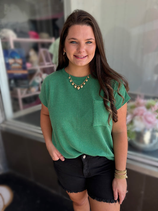 Curvy Green Raised Rib Front Pocket Top
