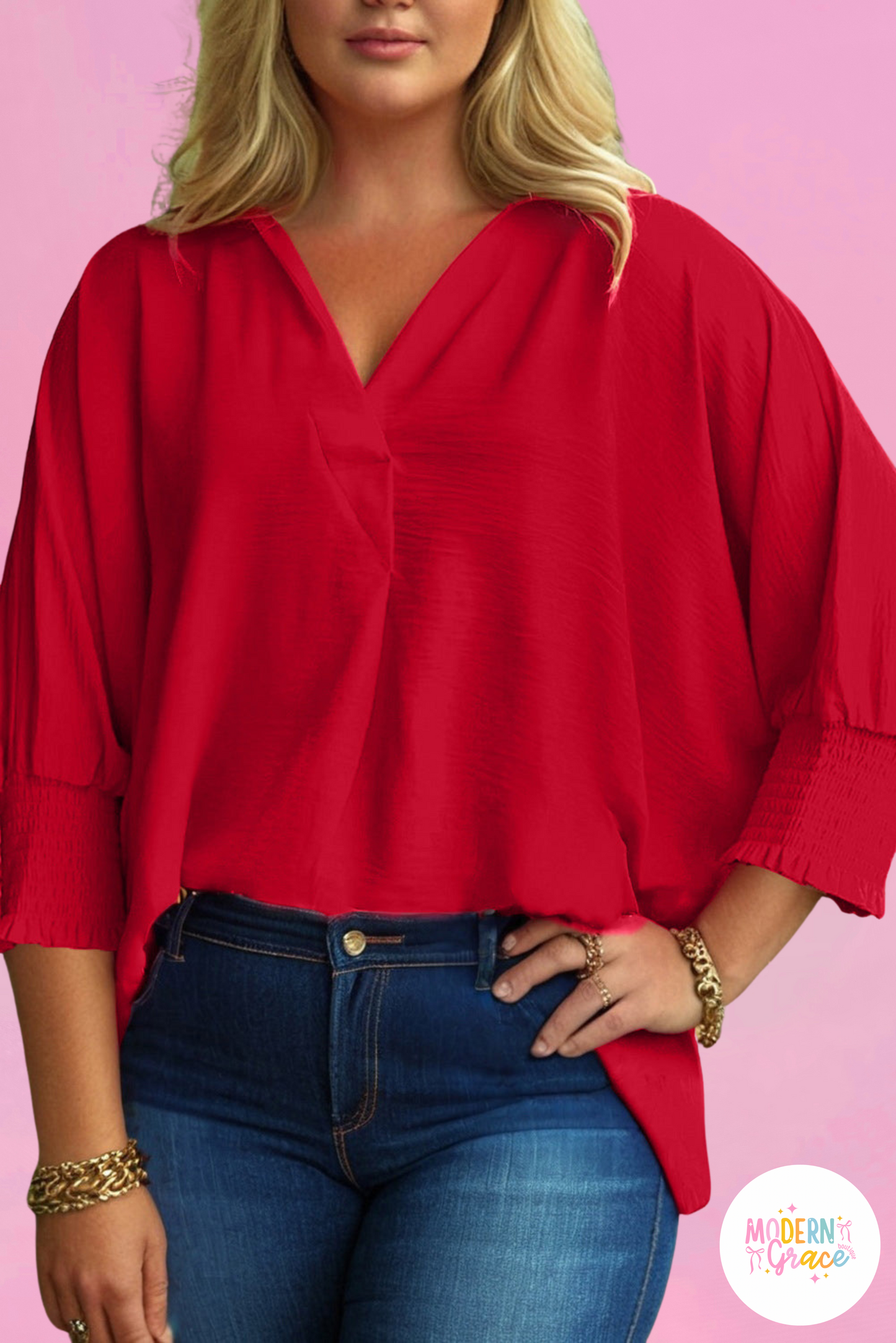 Fiery Red Plus Size Smocked Cuff Dolman Oversized Tunic Blouse (Warehouse Exclusives - Online only)