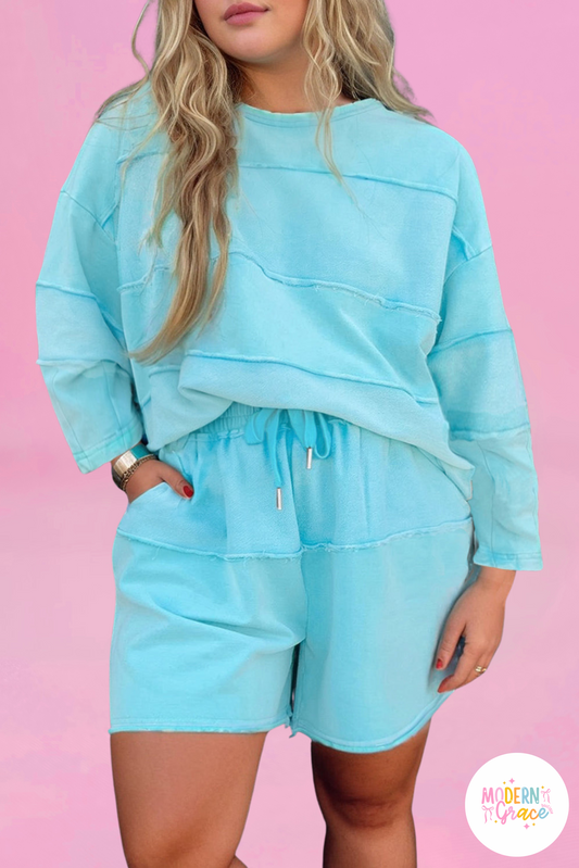 Aruba Blue Plus Size Solid Color Splicing Raw Hem Pullover Top Shorts Set (Warehouse Exclusives - Online only)
