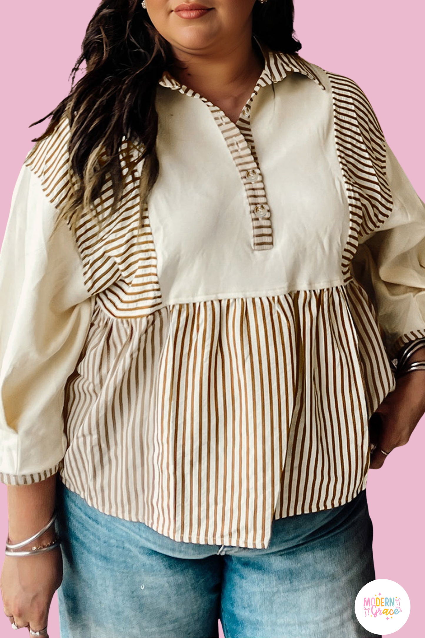 Plus size khaki stripe patchwork blouse by Modern Grace featuring long sleeves, peplum waist, and button-front design.
