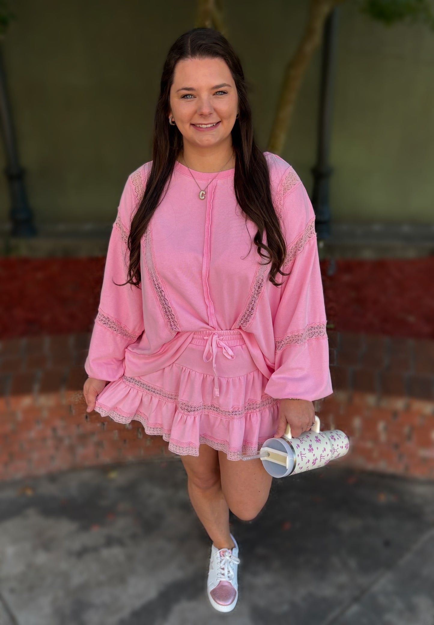 Pink Lace Trim Sweatshirt Set