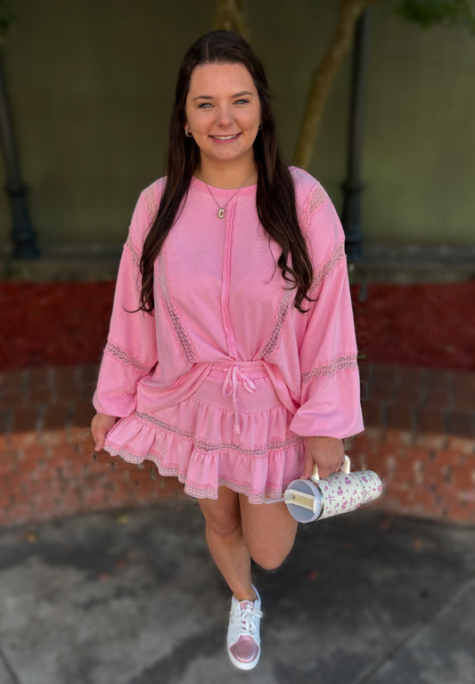 Pink Lace Trim Sweatshirt Set