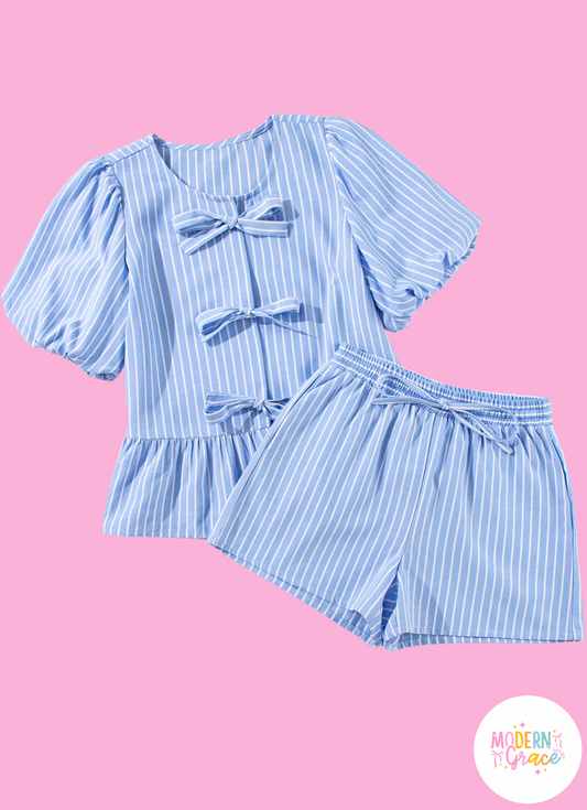 Sky Blue Striped Bowknot Detail Puffy Sleeve Top and Shorts 2Pcs Set  (Warehouse Exclusives)