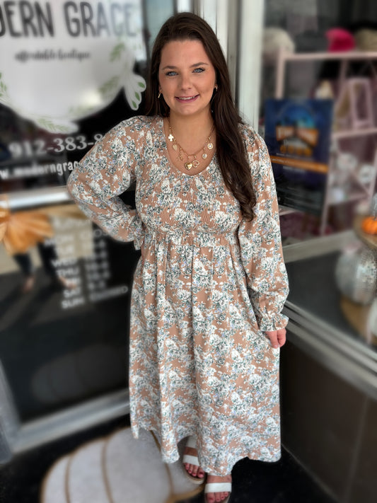 Khaki Maple Grove Floral Smocked Puff Sleeve Long Dress