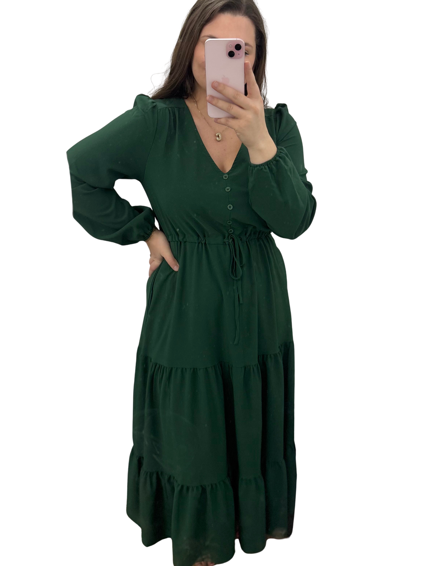 Green Solid Long Sleeve Button V Neck Tiered Maxi Dress