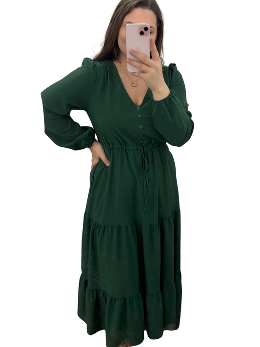 Green Solid Long Sleeve Button V Neck Tiered Maxi Dress