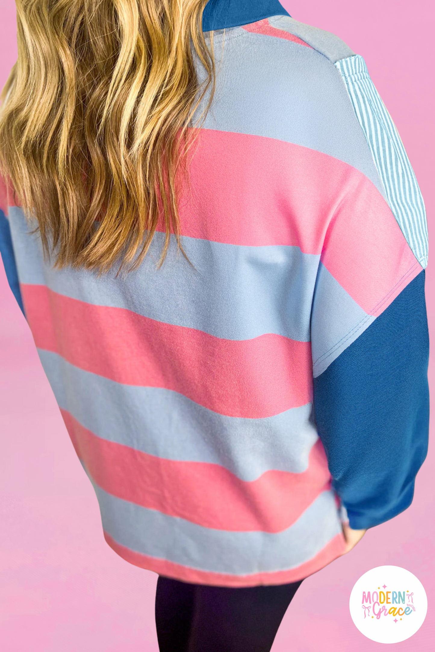 Blue Stripe Colorblock Patchwork Zip up Plus Size Pullover (Warehouse Exclusives - Online only)