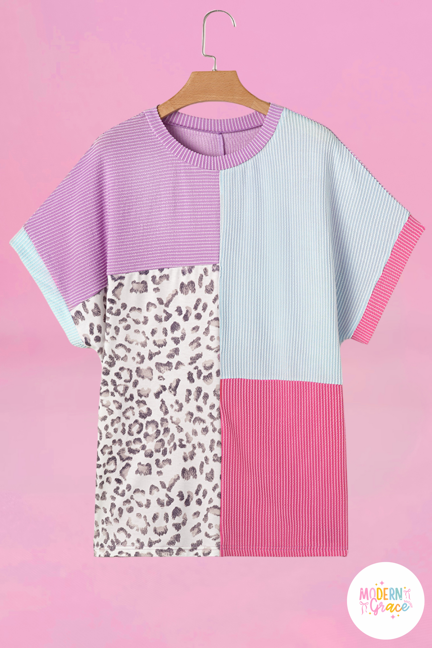 Curvy Leopard Colorblock Patchwork Corded Knit Plus Size T Shirt