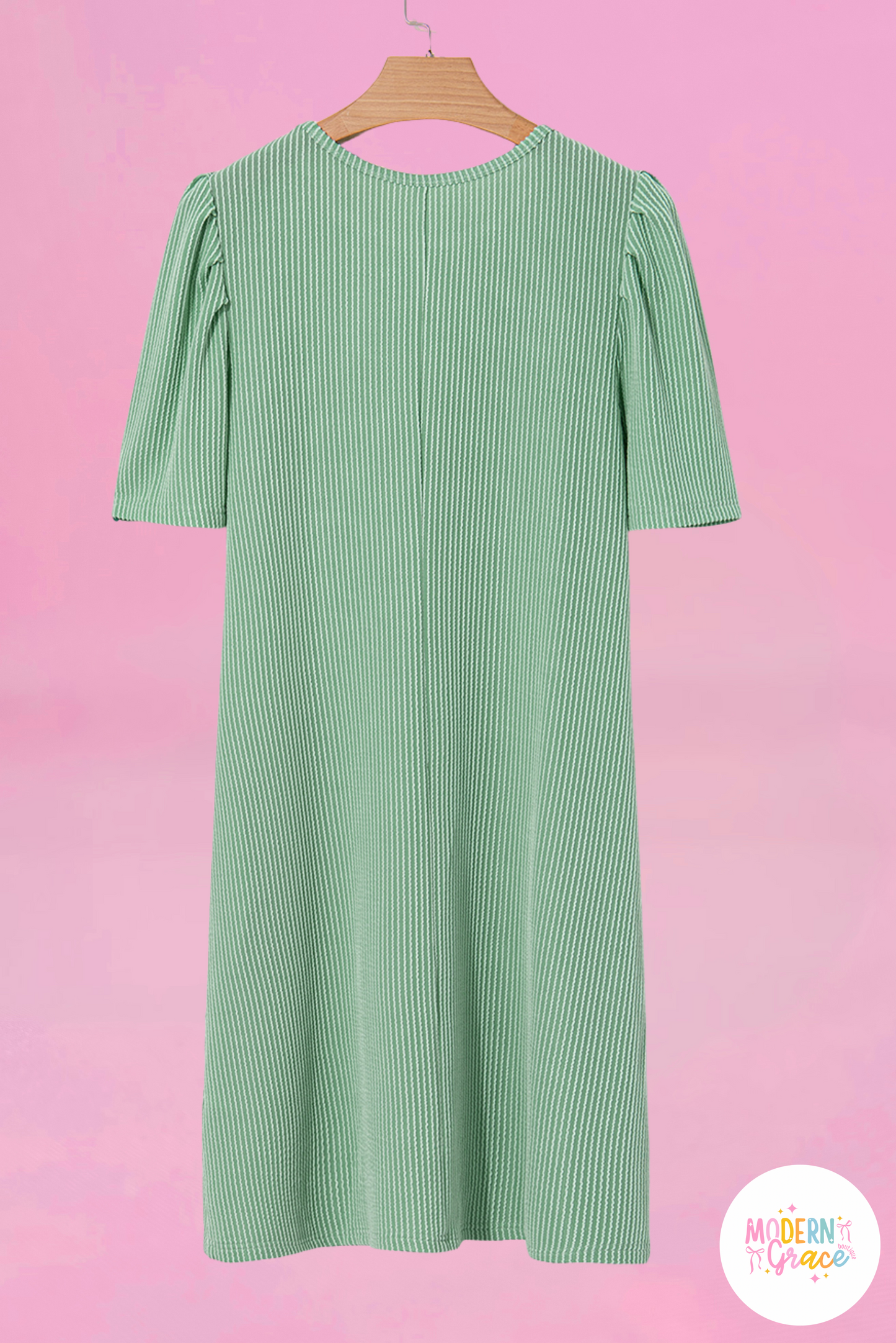 Green Corded Knit Crew Neck Puff Sleeve Shift Mini Dress