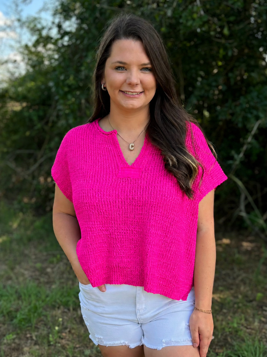 Neon Hot Pink Split-Neck Side Slit Pullover