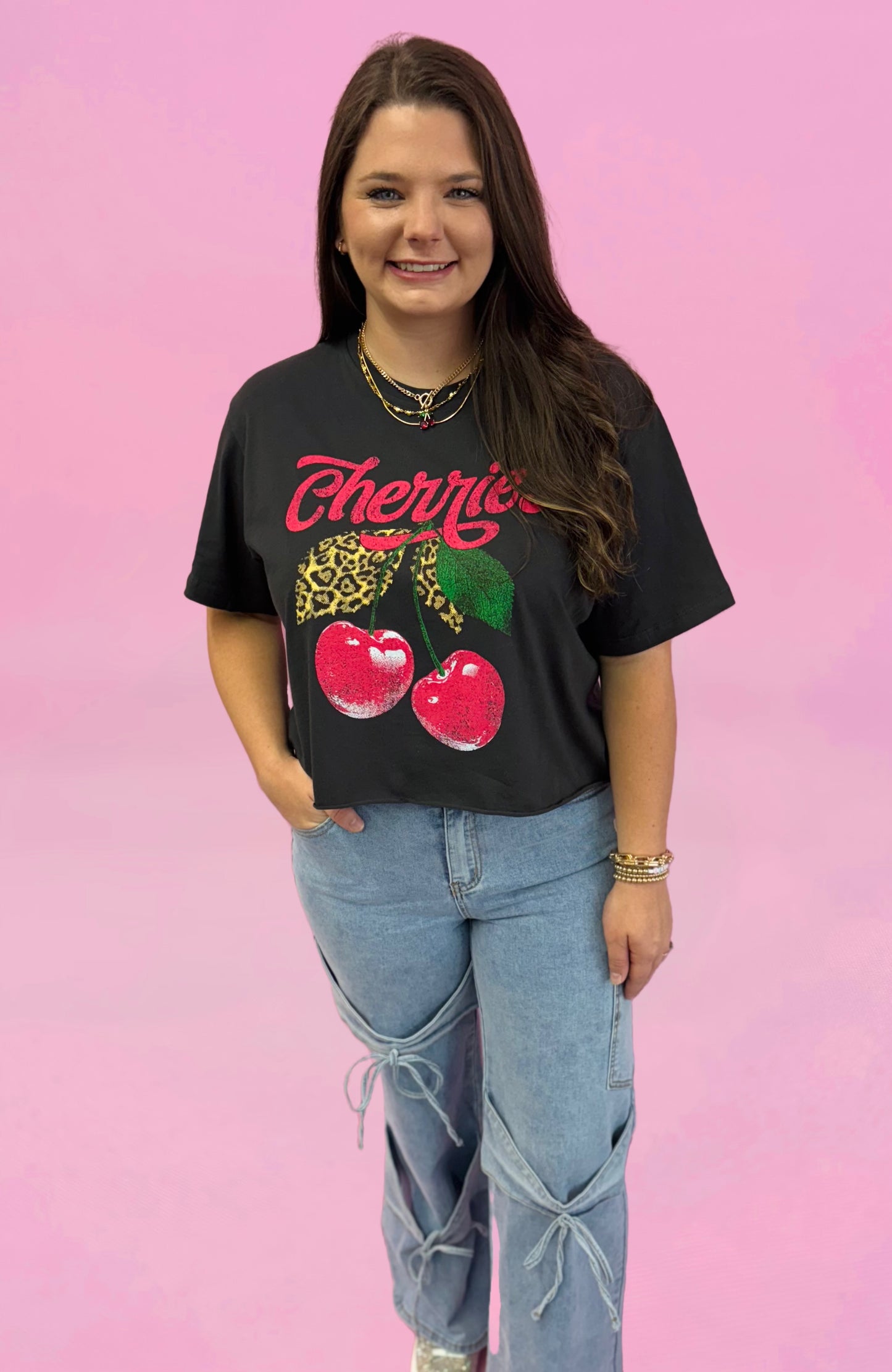 Cherries Leopard Vintage Black Graphic Cropped Tee
