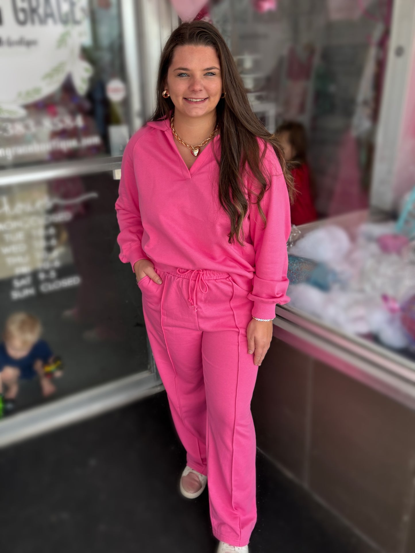 Pink Collared Pullover and Pants Set