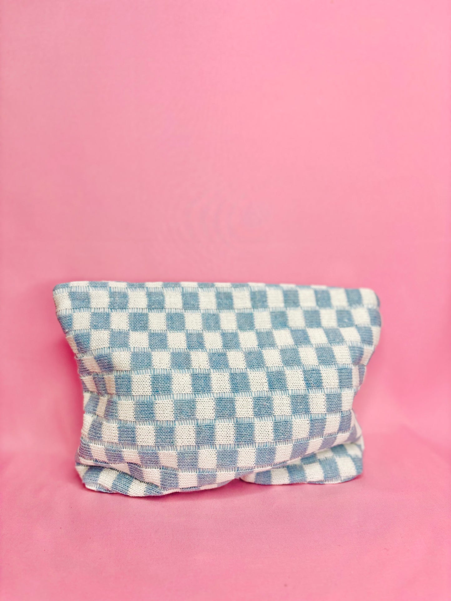 Blue Checkered Cosmetic Makeup Pouch Clutch Bag