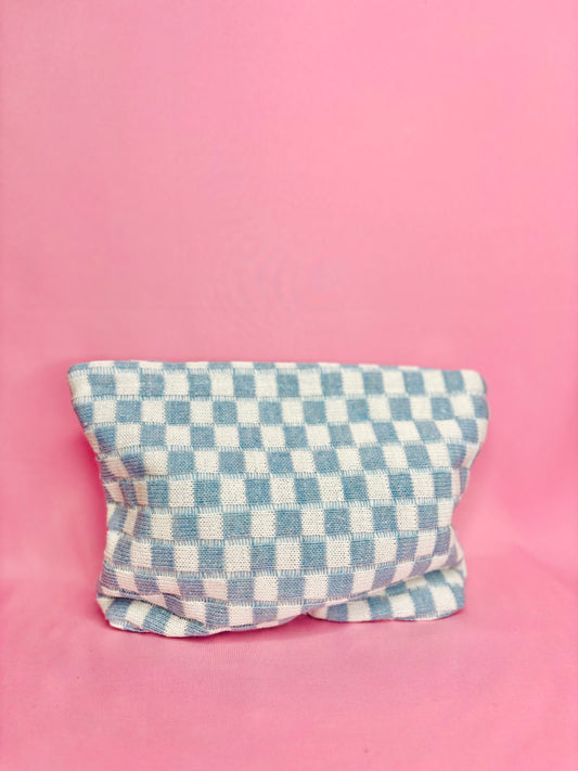 Blue Checkered Cosmetic Makeup Pouch Clutch Bag