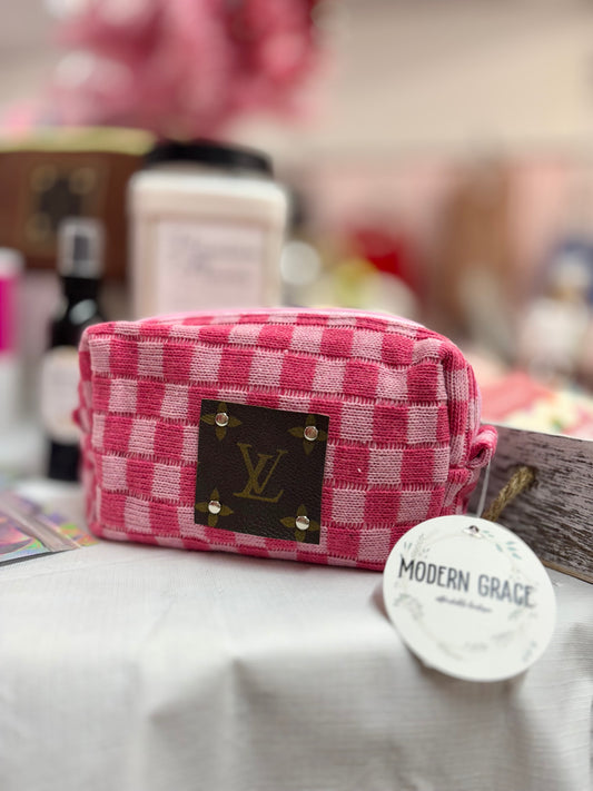 Upcycled light Pink Checkered Travel Pouch (LV Logo is Authentic and has been repurposed onto a new bag)