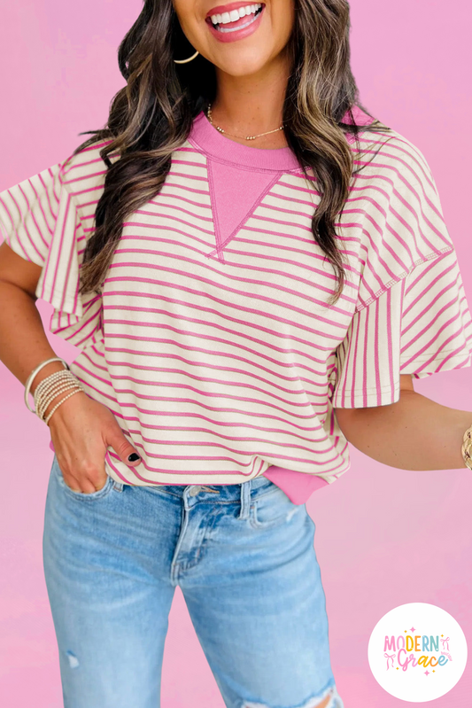 (Warehouse Exclusives) Sachet Pink Contrast Detail Striped Ruffle Short Sleeve Top