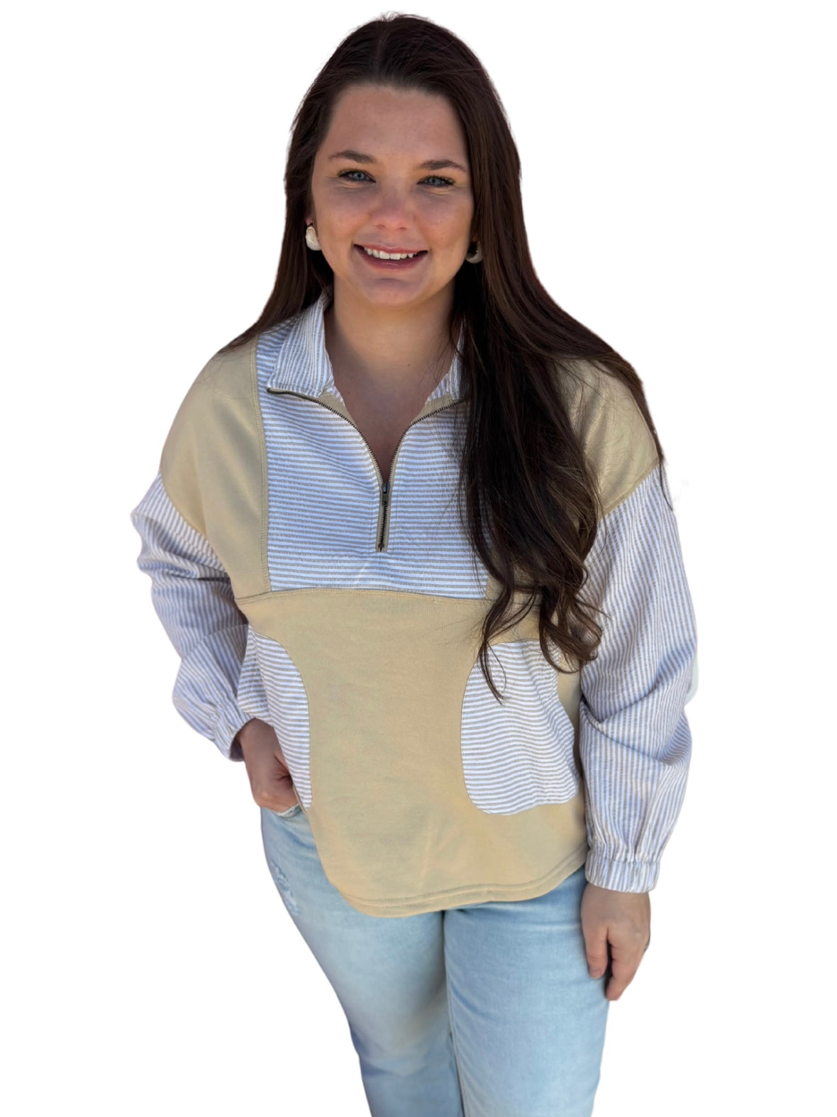 Khaki Quarter Zip Striped Patchwork Long Sleeve Top