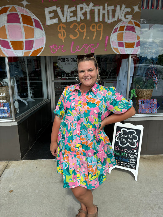 Curvy Green Floral Print Puff Sleeve Tiered Shirt Dress