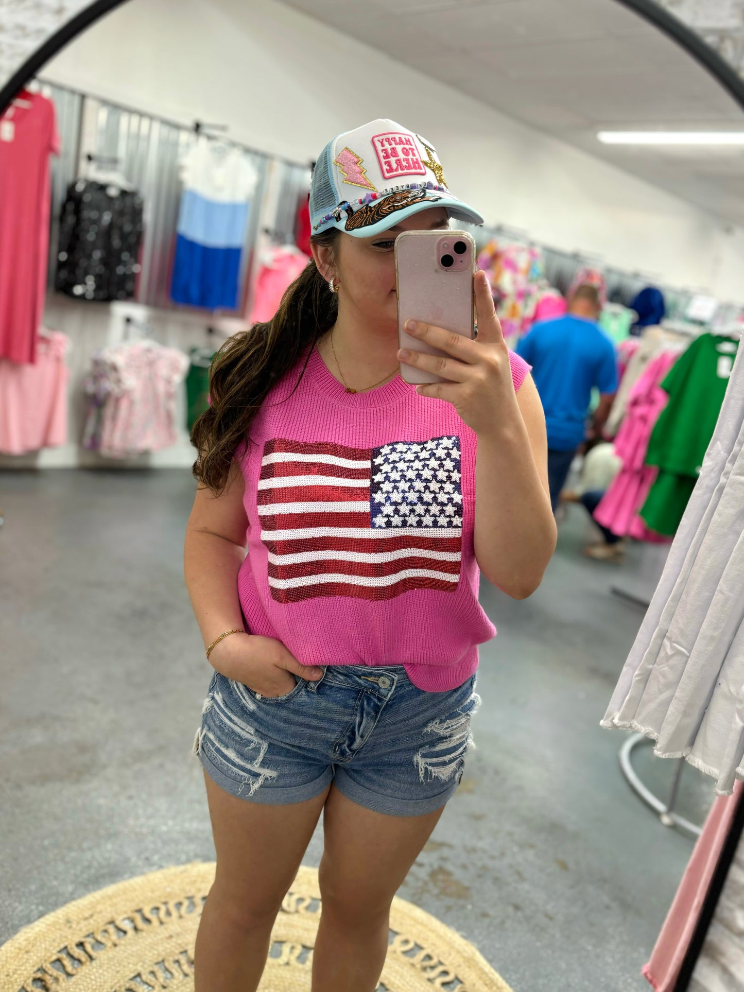 Pink Sparkling American Flag Knitted Vest Top