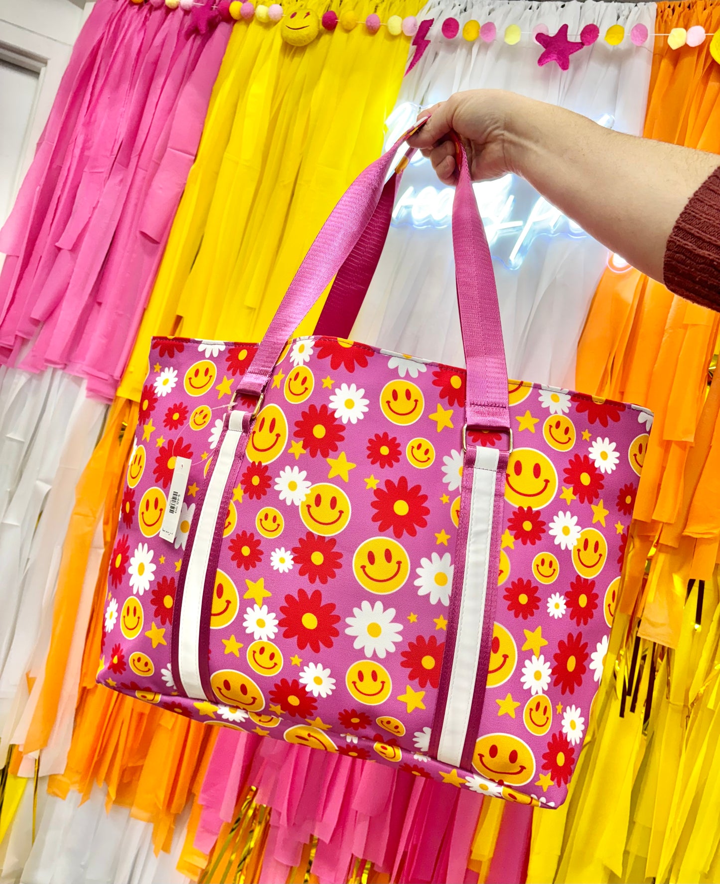 Red Flower Happy Face Tote Bag