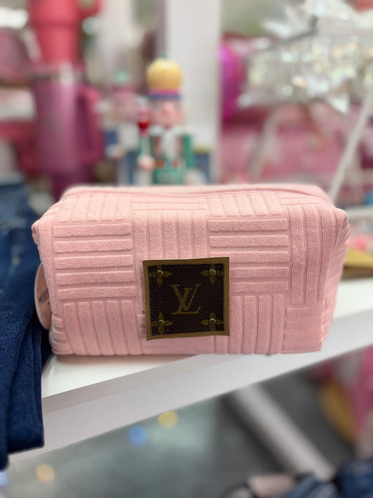 Upcycled Blush Terry Cloth Travel Pouch (LV Logo is Authentic and has been repurposed onto a new bag)