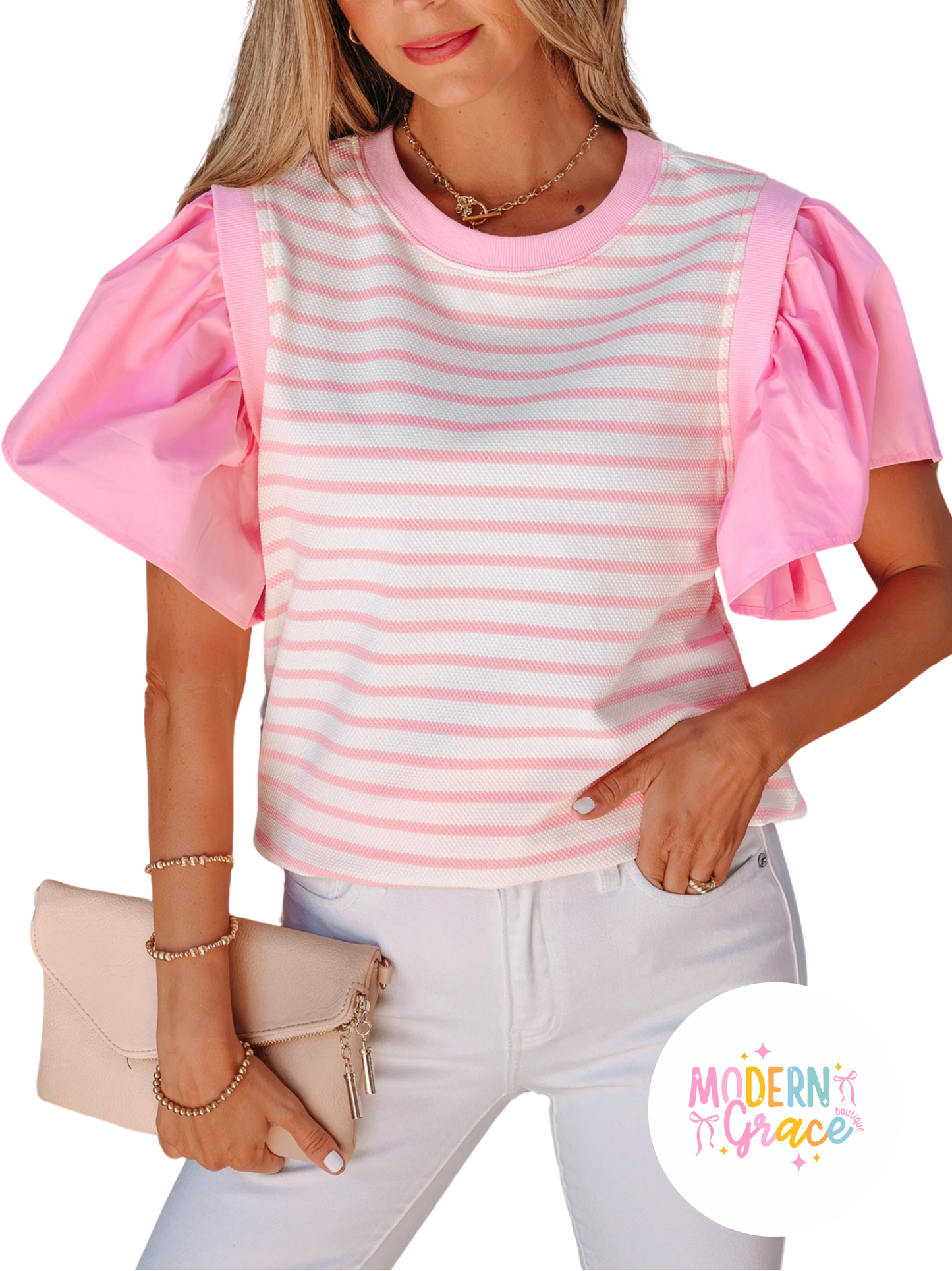 Pink stripe colorblock ruffle short sleeve patchwork blouse by Modern Grace, featuring feminine ruffles and a stylish patchwork design.