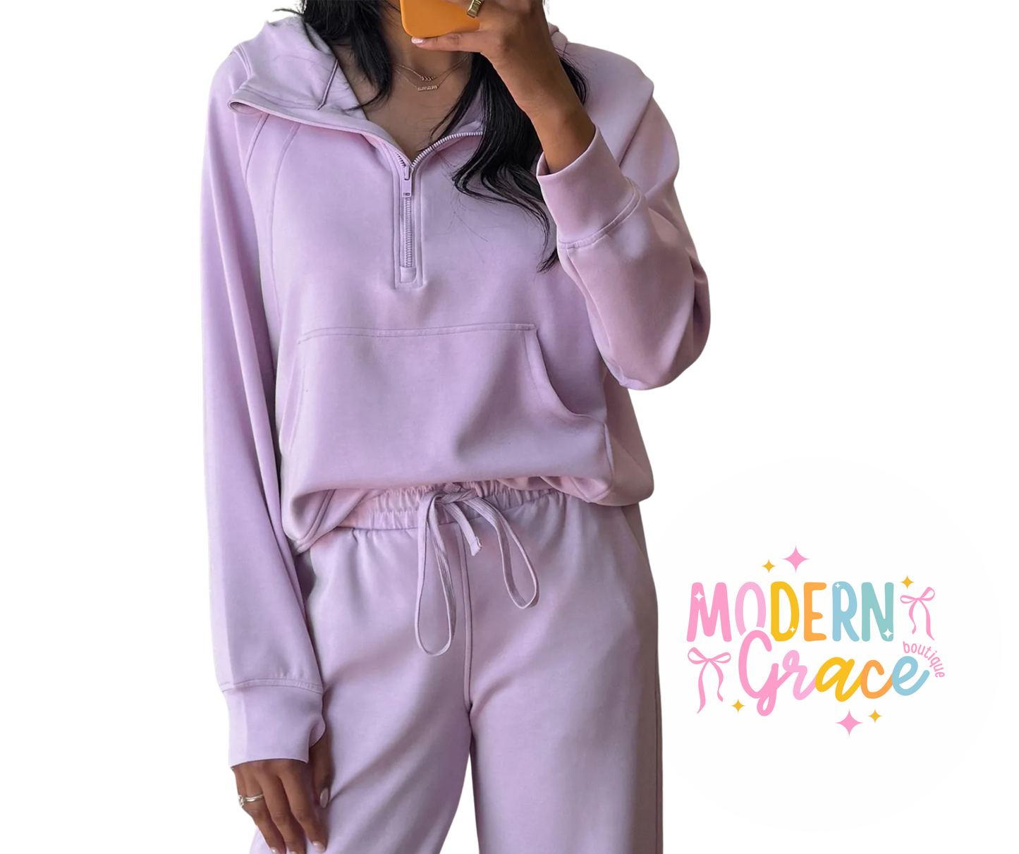 Lavender Half Zip Thumbhole Sleeve Hoodie Active Pants 2pcs Outfit