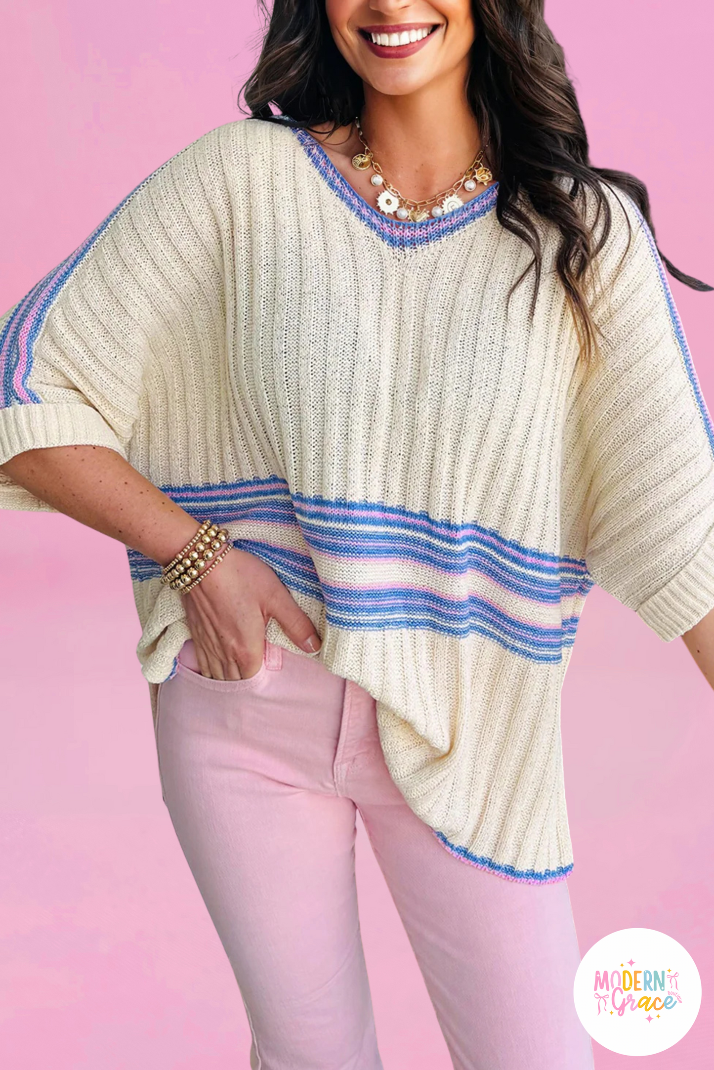 White Striped V Neck Dolman Sleeve Rib Knit Oversized Sweater with Slits (Warehouse Exclusives)