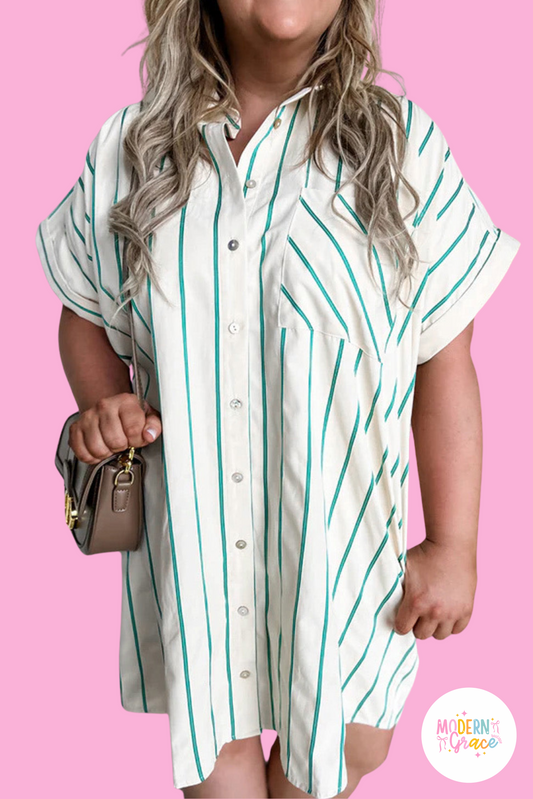 Green Stripe Plus Size St Patricks Day Short Sleeve Buttoned Shirt Dress (Warehouse Exclusives)