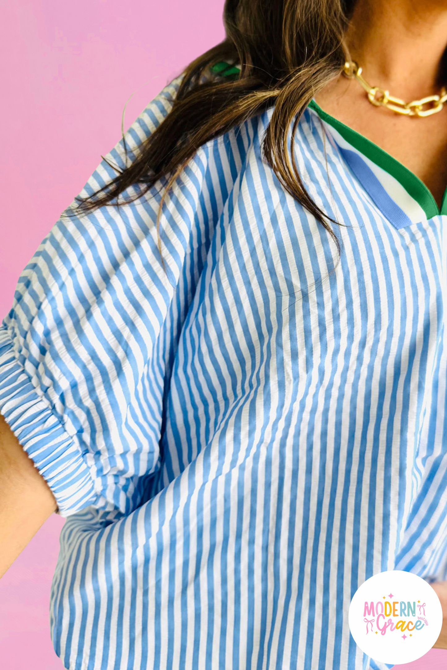 Sky Blue Striped Print Split Neck Blouse (Warehouse Exclusive)