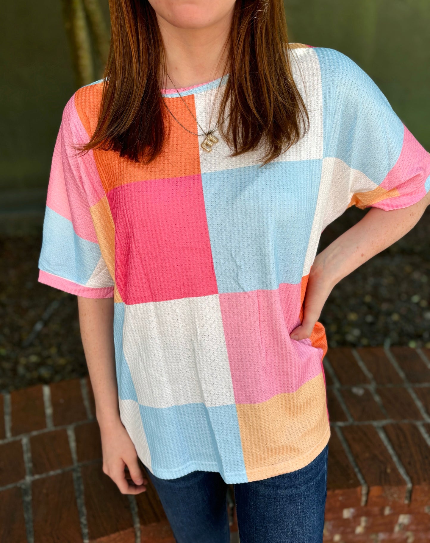 Colorblock Waffle Knit Loose T Shirt