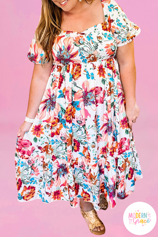 White Floral Square Neck Puff Sleeve Flowy Plus Size Midi Dress (Warehouse Exclusives)