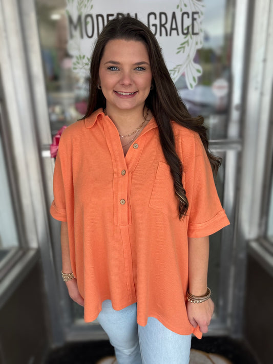 Oversized Apricot Waffle Knit Button Down Collared Top