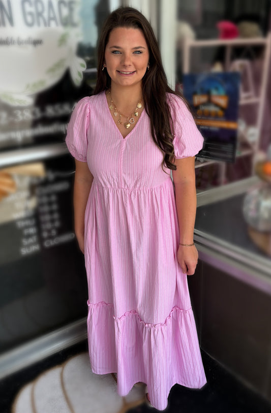 Pink Stripe V Neck Puff Short Sleeve Maxi Dress
