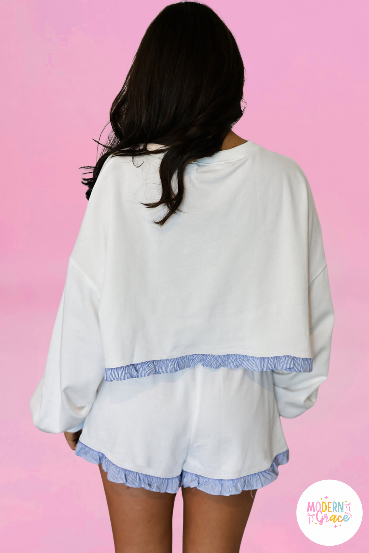 White Plaid Ruffled Patchwork Drop Shoulder Pullover and Drawstring Elastic Waist Shorts Matching Set (Warehouse Exclusives - Online only)