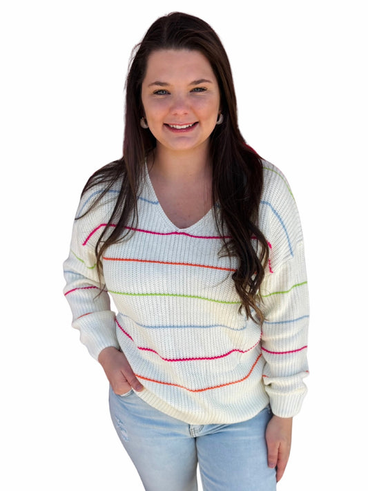 White Colorful Striped V Neck Drop Shoulder Baggy Sweater