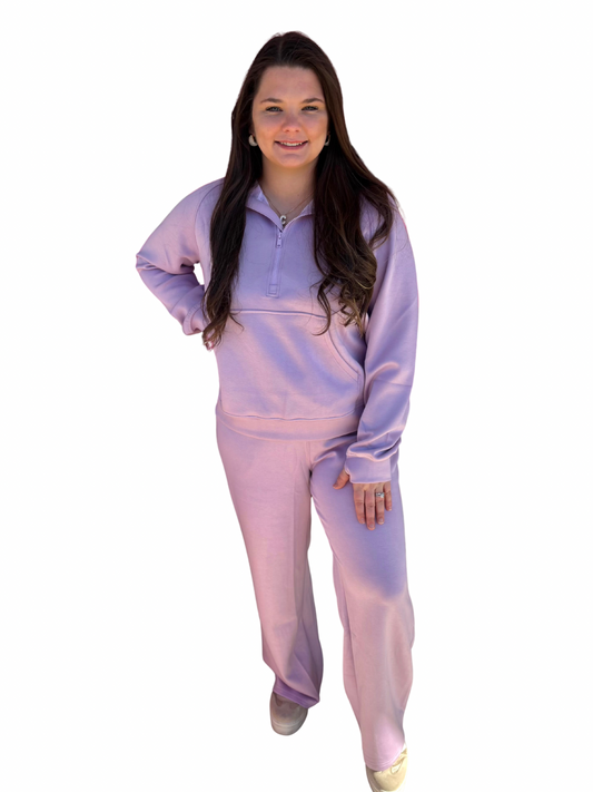 Lavender Half Zip Thumbhole Sleeve Hoodie Active Pants 2pcs Outfit