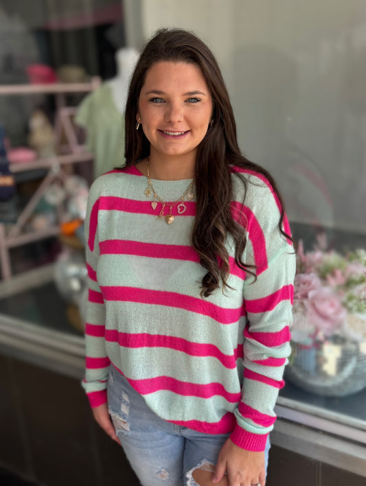 Green Stripe Round Neck Casual Sweater