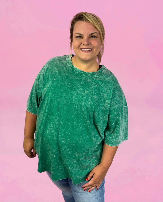 Curvy Kelly Green Acid Wash Cotton Boyfriend Box Tee