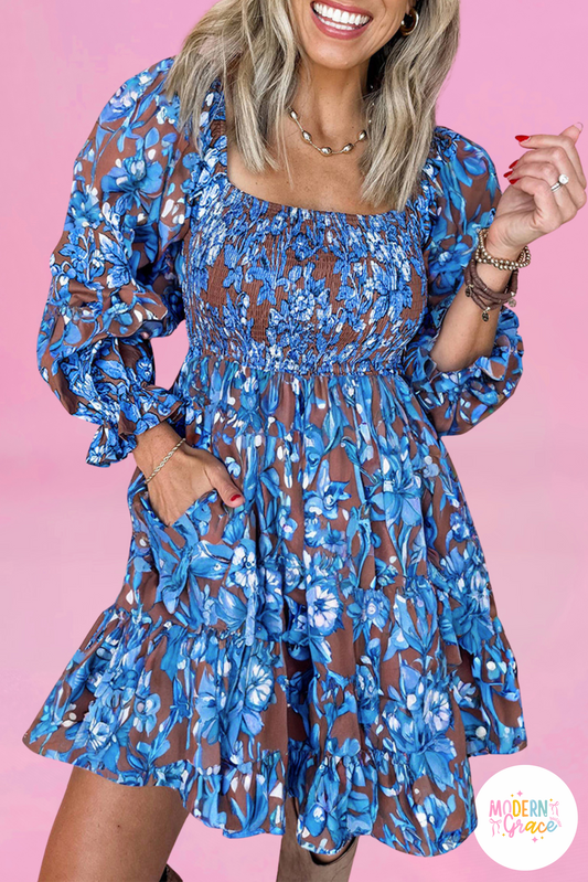 Blue Smocked Floral Long Sleeve Dress (Warehouse Exclusives - Online only)