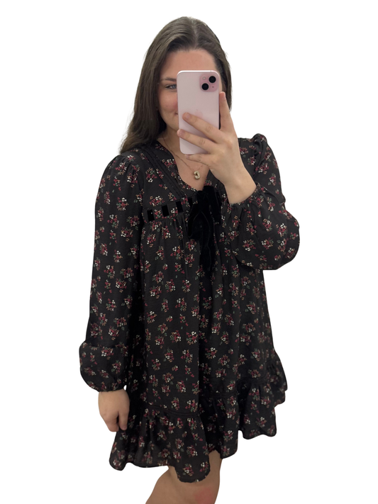 Black Floral Printed Front Bow Dress