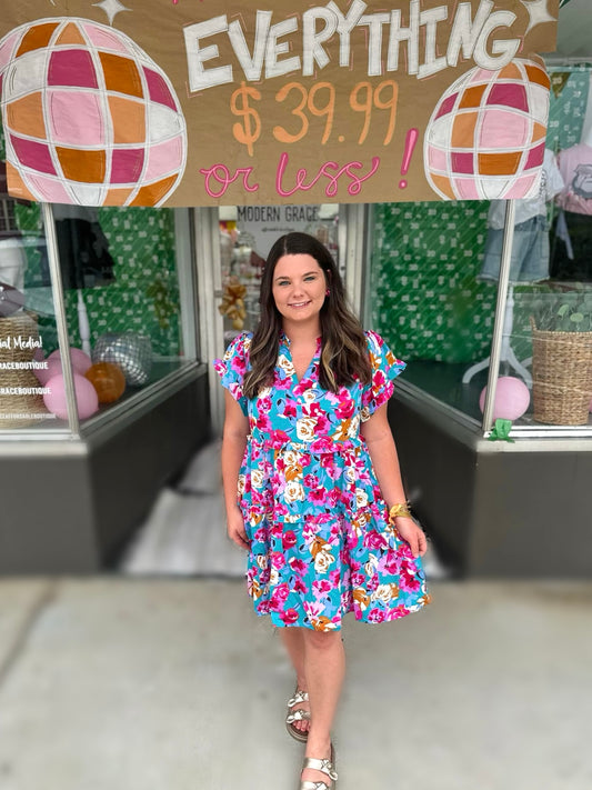 Green Floral Print Short Dress